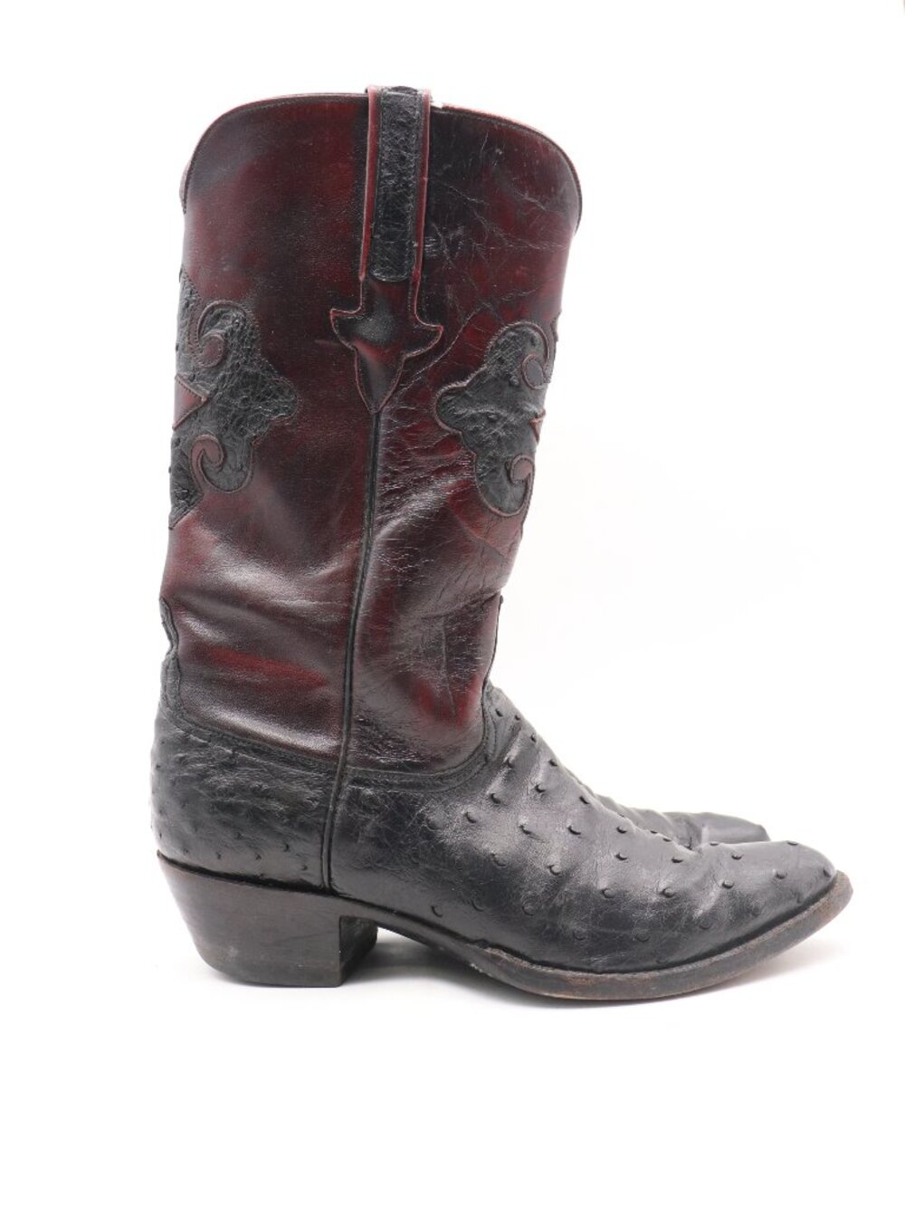 Lucchese Black Burgundy Ostrich Leather Men's 7.5 D Western Cowboy Boots USA
++